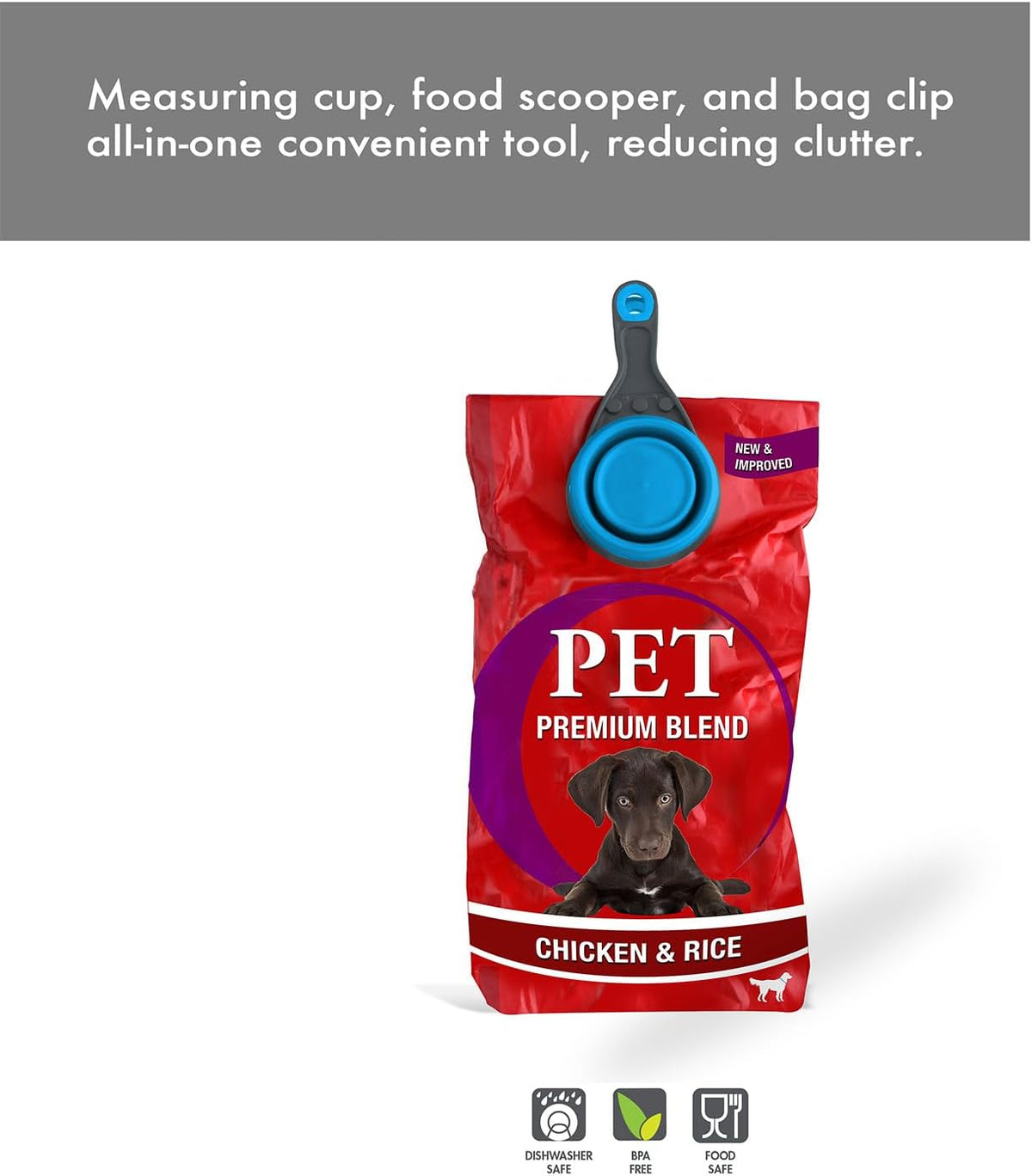 Popware for Pets Collapsible Klip Scoop, 3-in-1 Pet Food Scoop, Measuring Cup and Bag Clip, 1/2 Cup Capacity, Pink