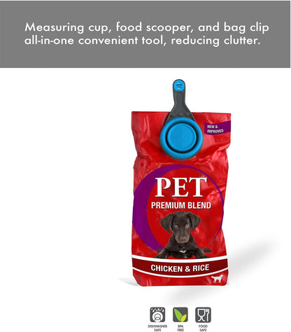 Popware for Pets Collapsible Klip Scoop, 3-in-1 Pet Food Scoop, Measuring Cup and Bag Clip, 1/2 Cup Capacity, Pink