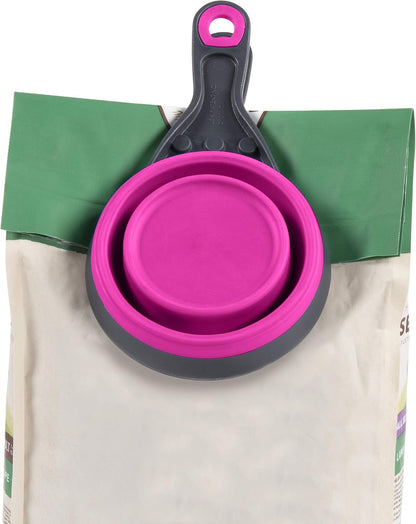 Popware for Pets Collapsible Klip Scoop, 3-in-1 Pet Food Scoop, Measuring Cup and Bag Clip, 1/2 Cup Capacity, Pink