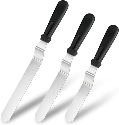Icing Spatula Set of 3, Angled Cake Spatulas with 6, 8 & 10 Inch Stainless Steel Blades, Professional Frosting Spatulas with Ergonomic Handle for Cake Decorating, Baking & Pastry