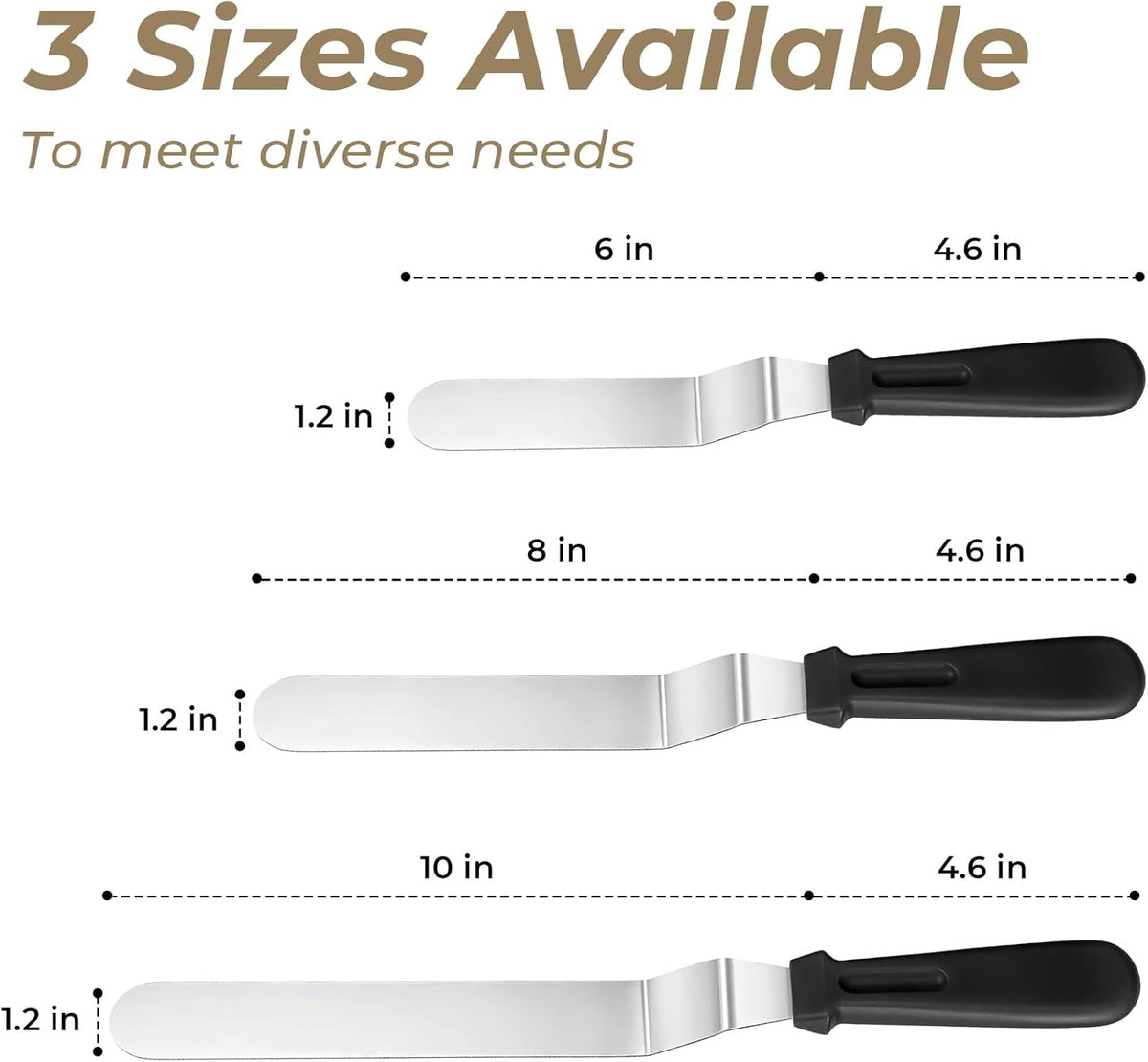 Icing Spatula Set of 3, Angled Cake Spatulas with 6, 8 & 10 Inch Stainless Steel Blades, Professional Frosting Spatulas with Ergonomic Handle for Cake Decorating, Baking & Pastry
