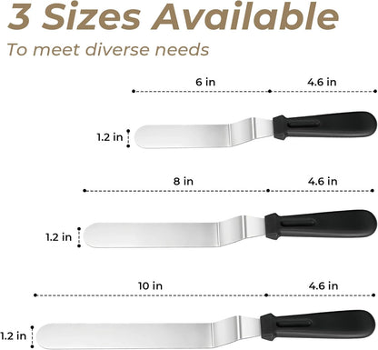 Icing Spatula Set of 3, Angled Cake Spatulas with 6, 8 & 10 Inch Stainless Steel Blades, Professional Frosting Spatulas with Ergonomic Handle for Cake Decorating, Baking & Pastry