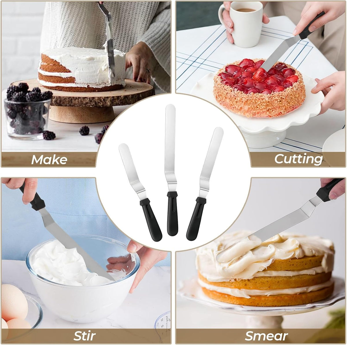 Icing Spatula Set of 3, Angled Cake Spatulas with 6, 8 & 10 Inch Stainless Steel Blades, Professional Frosting Spatulas with Ergonomic Handle for Cake Decorating, Baking & Pastry