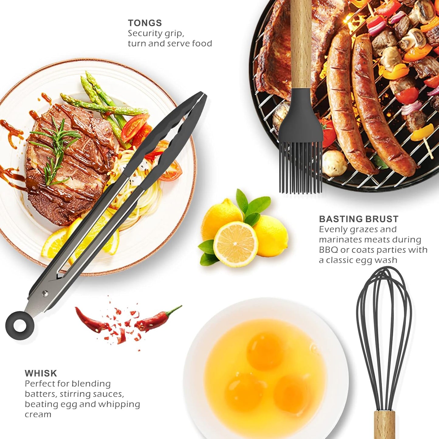Silicone Cooking Utensils Kitchen Utensil Set - 446°F Heat Resistant Silicone Kitchen Utensils Set, Spatula,Turner Tongs, Spoon, Whisk,Kitchen Gadgets for Nonstick Cookware, BPA Free (Gray)
