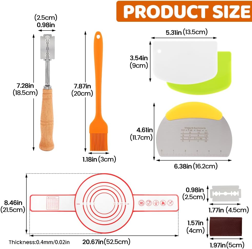 Bread Baking Tools Set, 12 Piece Kit with Silicone Baking Mat 21.5 cm, Bread Lame with 5 Blades and Pouch, Pastry Brush, 3 Dough Boards, Oven Safe Dishwasher Safe