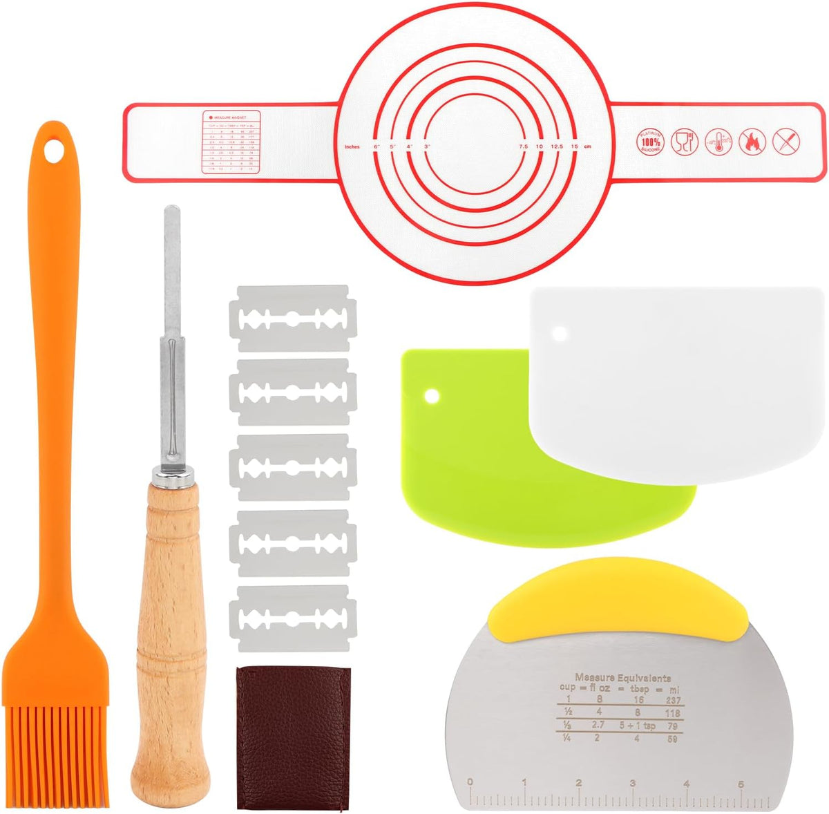 Bread Baking Tools Set, 12 Piece Kit with Silicone Baking Mat 21.5 cm, Bread Lame with 5 Blades and Pouch, Pastry Brush, 3 Dough Boards, Oven Safe Dishwasher Safe
