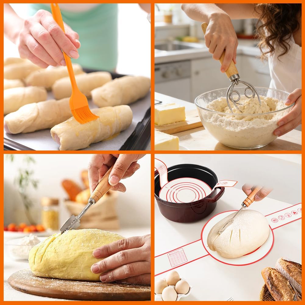 Bread Baking Tools Set, 12 Piece Kit with Silicone Baking Mat 21.5 cm, Bread Lame with 5 Blades and Pouch, Pastry Brush, 3 Dough Boards, Oven Safe Dishwasher Safe