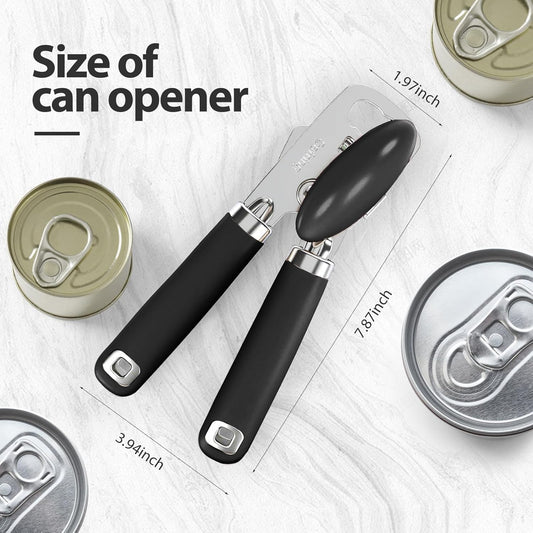 Can Opener Manual, Heavy Duty Stainless Steel Smooth Edge Can Openers With Soft Touch Handle, Oversized Handheld Easy Turn Knob, Multi-Function Bottle Opener, Black