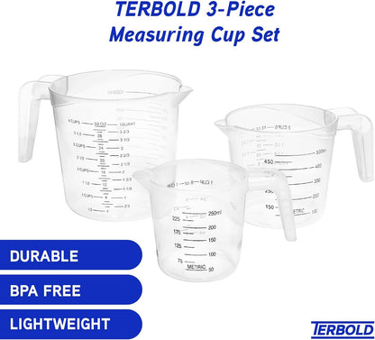 3pc Liquid Measuring Cups Set - 1 Cup, 2 Cup, 1 Quart | Clear Plastic Measure Cups with Long Handles
