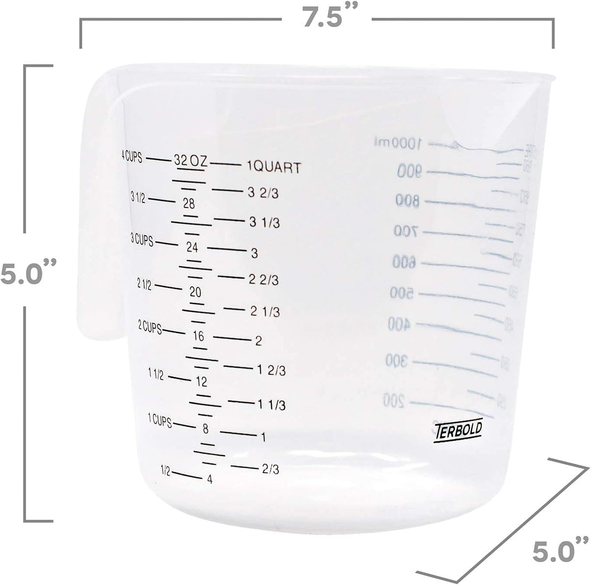 3pc Liquid Measuring Cups Set - 1 Cup, 2 Cup, 1 Quart | Clear Plastic Measure Cups with Long Handles