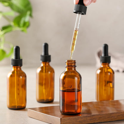4 Pack, 1 oz Thick Dark Amber Glass Dropper Bottles with 1 Funnels & 4 Labels - 30ml Tincture Bottles with Eye Dropper - Leakproof Essential Oils Bottle - Storage and Travel for Beauty or Health