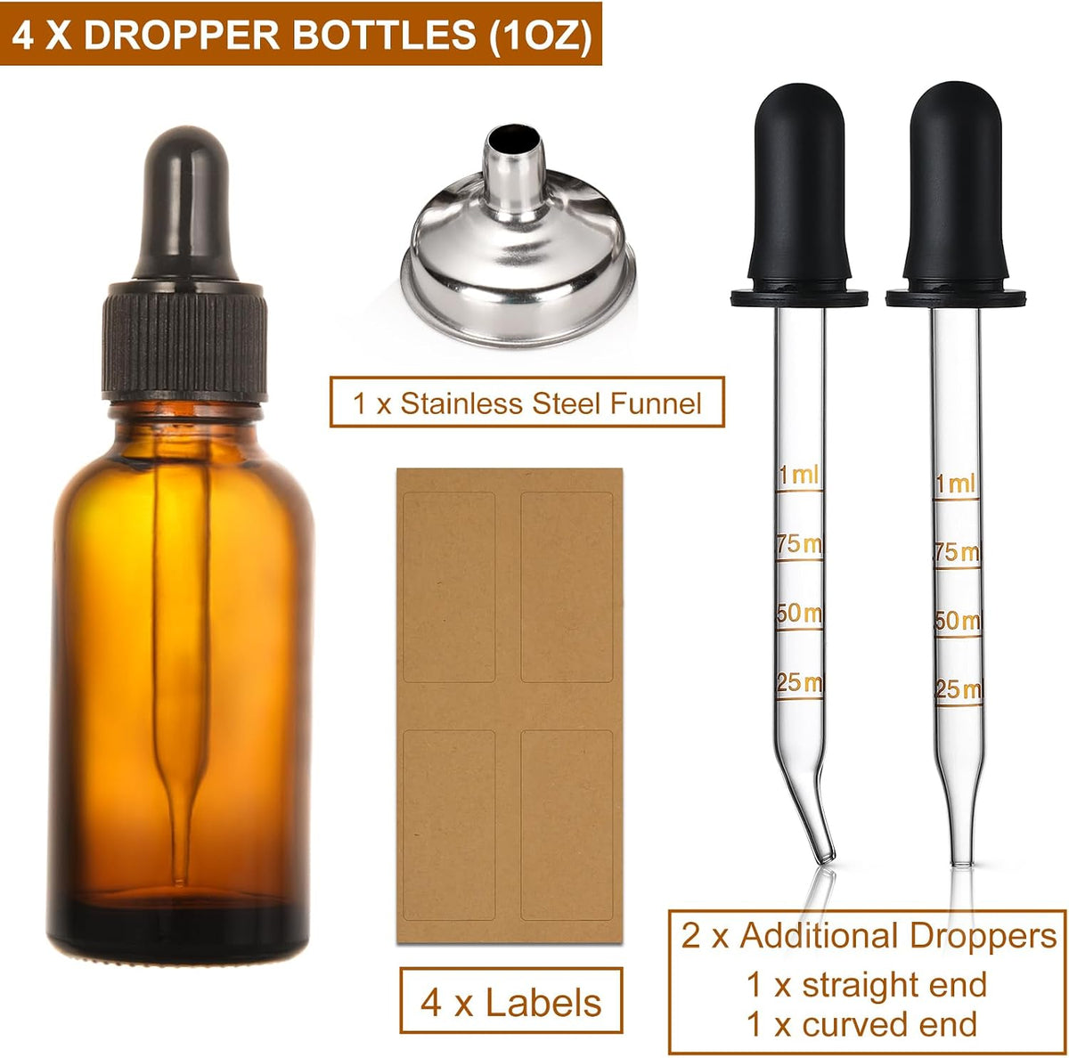 4 Pack, 1 oz Thick Dark Amber Glass Dropper Bottles with 1 Funnels & 4 Labels - 30ml Tincture Bottles with Eye Dropper - Leakproof Essential Oils Bottle - Storage and Travel for Beauty or Health