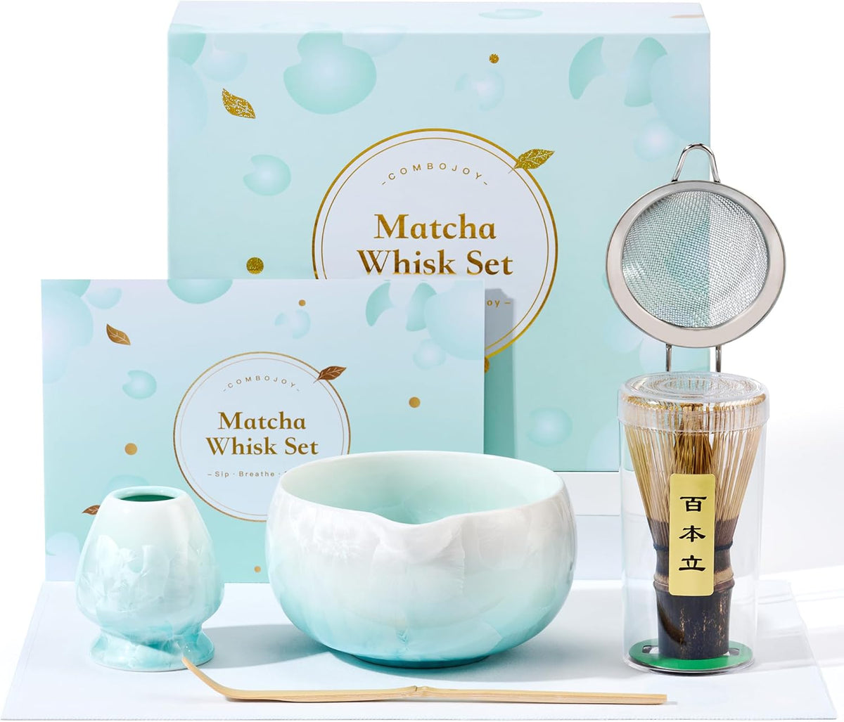 Matcha Whisk Set, 6PCs Japanese Matcha Kit with Crystalline Glaze Matcha Bowl, Purple Bamboo Whisk, Scoop, Sifter & Tea Towel – Gifts for Women Mom Her, Tea Gifts for Christmas, Birthday