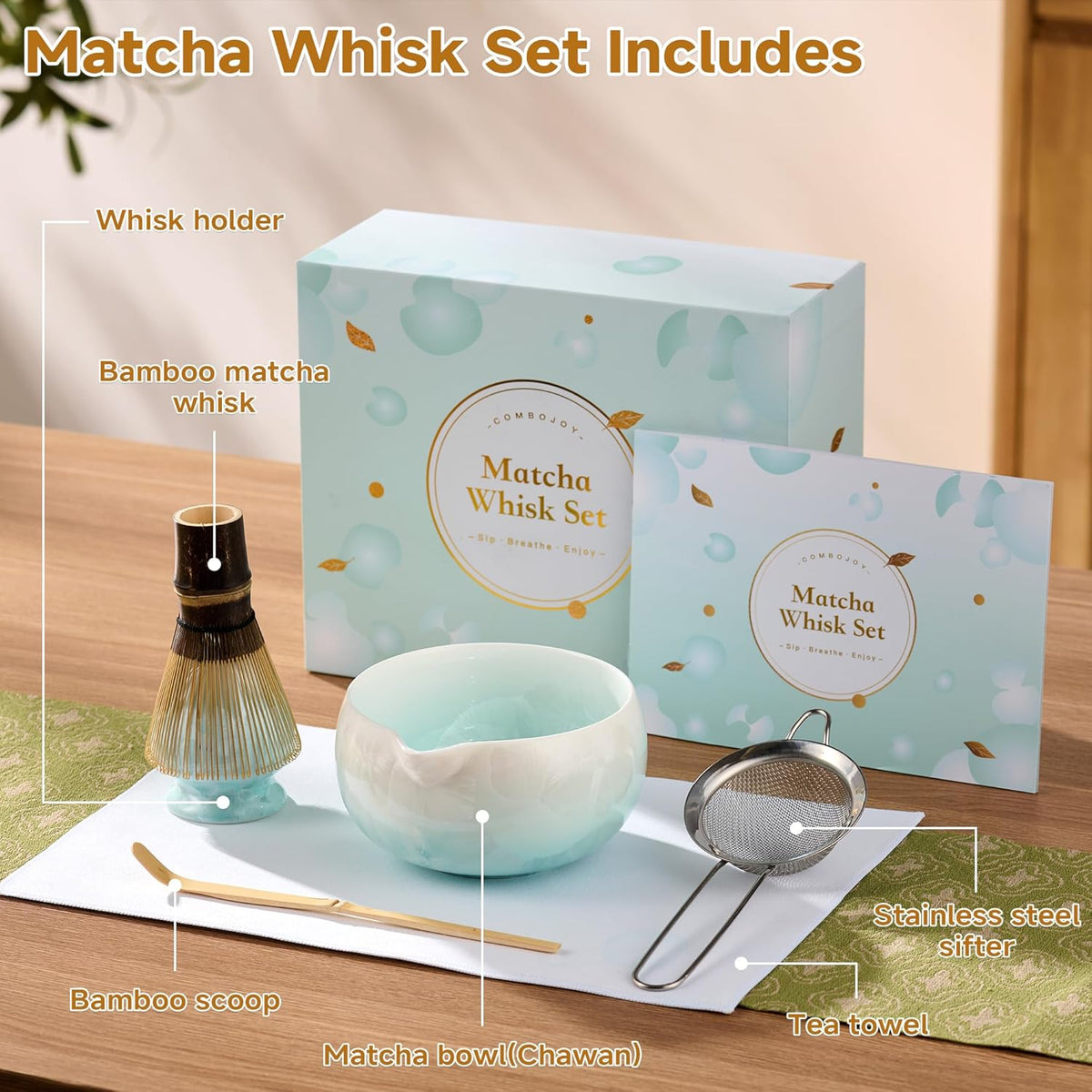 Matcha Whisk Set, 6PCs Japanese Matcha Kit with Crystalline Glaze Matcha Bowl, Purple Bamboo Whisk, Scoop, Sifter & Tea Towel – Gifts for Women Mom Her, Tea Gifts for Christmas, Birthday