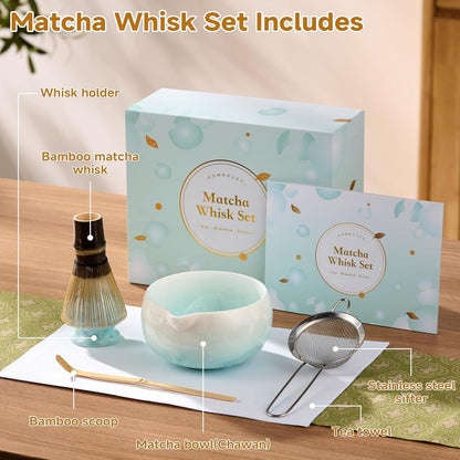 Matcha Whisk Set, 6PCs Japanese Matcha Kit with Crystalline Glaze Matcha Bowl, Purple Bamboo Whisk, Scoop, Sifter & Tea Towel – Gifts for Women Mom Her, Tea Gifts for Christmas, Birthday