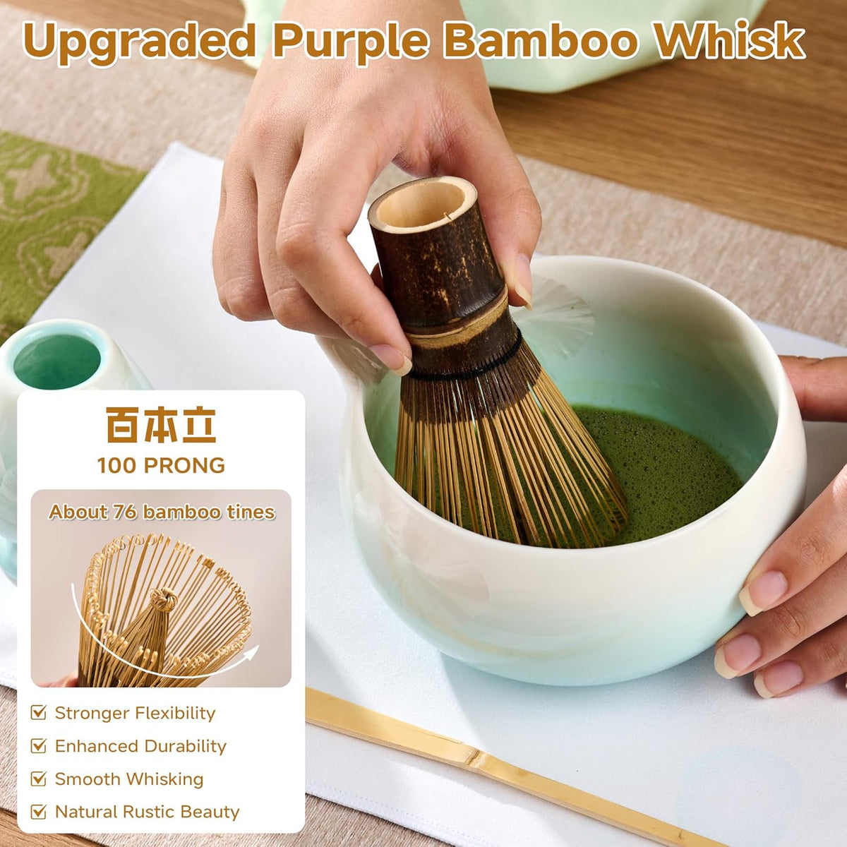 Matcha Whisk Set, 6PCs Japanese Matcha Kit with Crystalline Glaze Matcha Bowl, Purple Bamboo Whisk, Scoop, Sifter & Tea Towel – Gifts for Women Mom Her, Tea Gifts for Christmas, Birthday