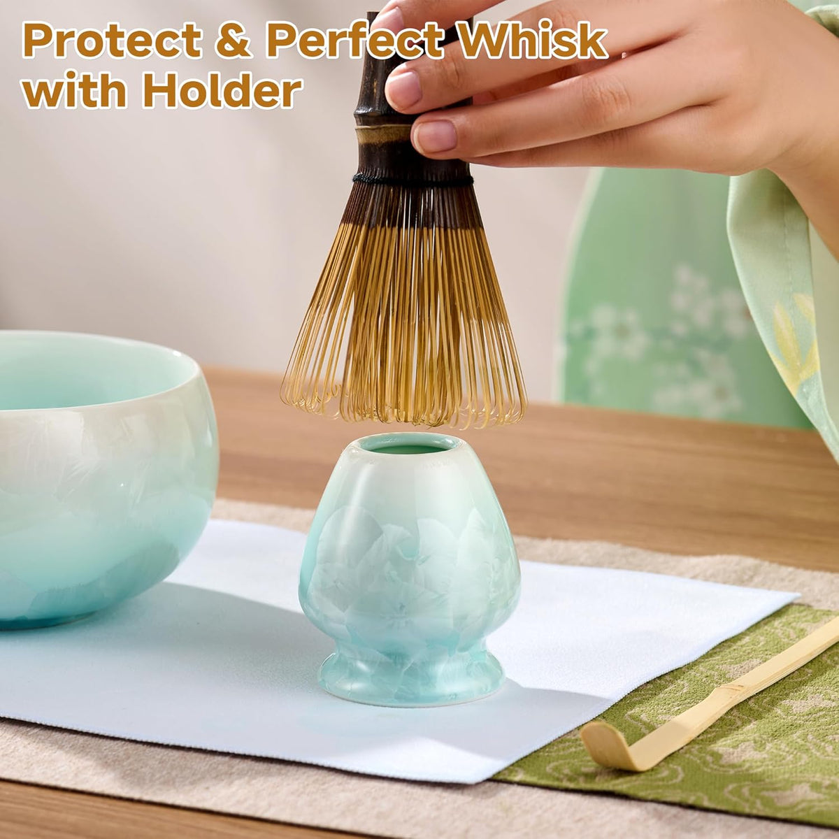 Matcha Whisk Set, 6PCs Japanese Matcha Kit with Crystalline Glaze Matcha Bowl, Purple Bamboo Whisk, Scoop, Sifter & Tea Towel – Gifts for Women Mom Her, Tea Gifts for Christmas, Birthday
