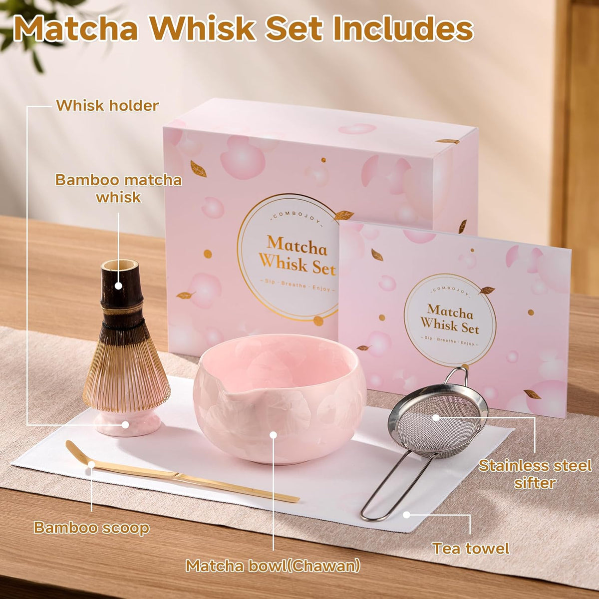 Matcha Whisk Set, 6PCs Japanese Matcha Kit with Crystalline Glaze Matcha Bowl, Purple Bamboo Whisk, Scoop, Sifter & Tea Towel – Gifts for Women Mom Her, Tea Gifts for Christmas, Birthday