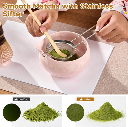 Matcha Whisk Set, 6PCs Japanese Matcha Kit with Crystalline Glaze Matcha Bowl, Purple Bamboo Whisk, Scoop, Sifter & Tea Towel – Gifts for Women Mom Her, Tea Gifts for Christmas, Birthday