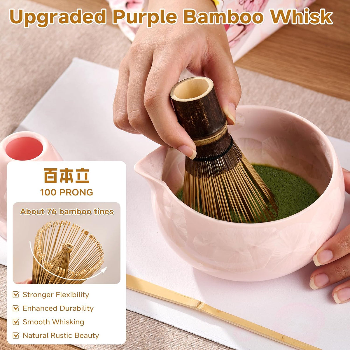 Matcha Whisk Set, 6PCs Japanese Matcha Kit with Crystalline Glaze Matcha Bowl, Purple Bamboo Whisk, Scoop, Sifter & Tea Towel – Gifts for Women Mom Her, Tea Gifts for Christmas, Birthday