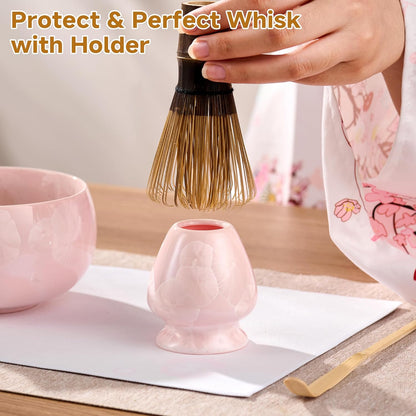 Matcha Whisk Set, 6PCs Japanese Matcha Kit with Crystalline Glaze Matcha Bowl, Purple Bamboo Whisk, Scoop, Sifter & Tea Towel – Gifts for Women Mom Her, Tea Gifts for Christmas, Birthday