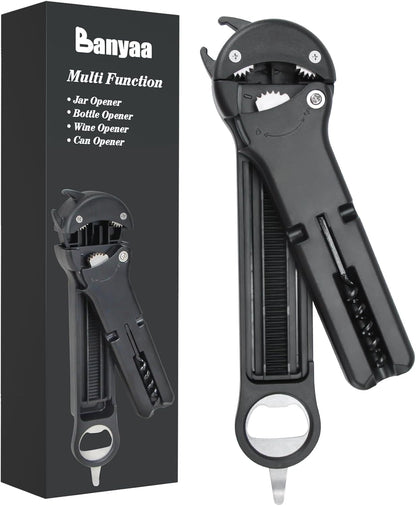 Jar Opener for Seniors with Arthritis, 7 in 1 Bottle Opener and Wine Corkscrew, Easy Grip Kitchen Gadget for Weak Hands Elderly, Retractable Jaw Lid Opener with Magnetic Storage (Black)