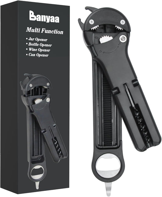 Jar Opener for Seniors with Arthritis, 7 in 1 Bottle Opener and Wine Corkscrew, Easy Grip Kitchen Gadget for Weak Hands Elderly, Retractable Jaw Lid Opener with Magnetic Storage (Black)