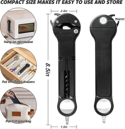 Jar Opener for Seniors with Arthritis, 7 in 1 Bottle Opener and Wine Corkscrew, Easy Grip Kitchen Gadget for Weak Hands Elderly, Retractable Jaw Lid Opener with Magnetic Storage (Black)