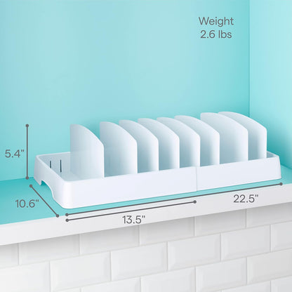 StoraLid Food Container Lid Organizer for Kitchen Cabinet Storage with 5 Adjustable Dividers, 10.5''D × 13.4''W × 3.3''H, Large Classic Edition, White