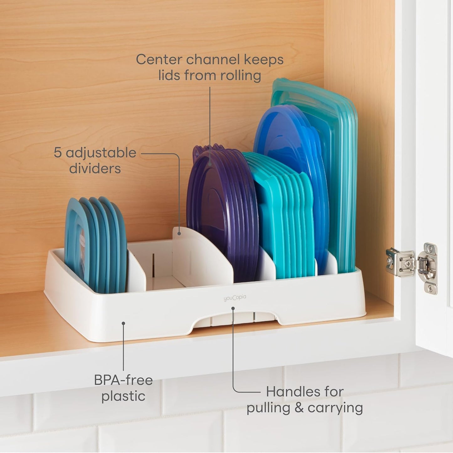 StoraLid Food Container Lid Organizer for Kitchen Cabinet Storage with 5 Adjustable Dividers, 10.5''D × 13.4''W × 3.3''H, Large Classic Edition, White