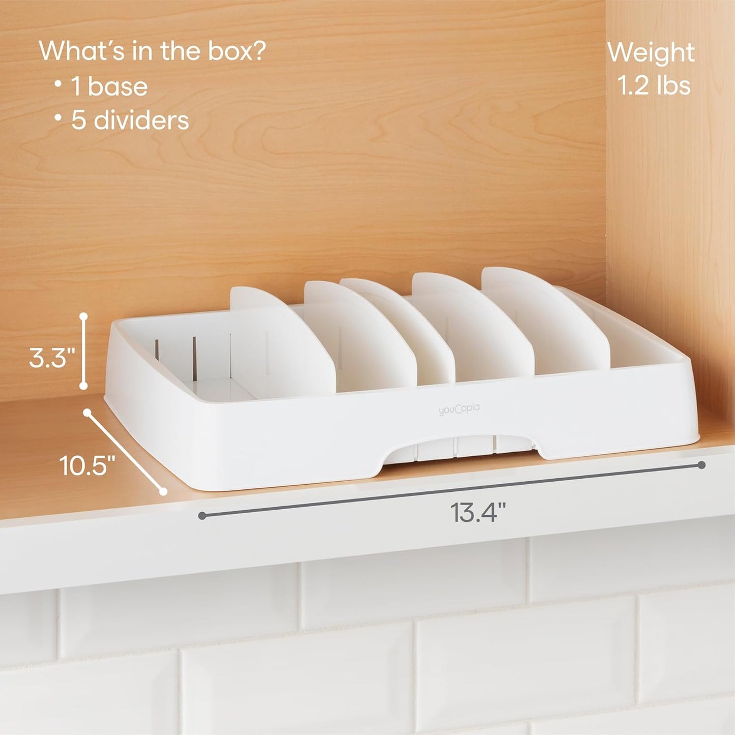 StoraLid Food Container Lid Organizer for Kitchen Cabinet Storage with 5 Adjustable Dividers, 10.5''D × 13.4''W × 3.3''H, Large Classic Edition, White
