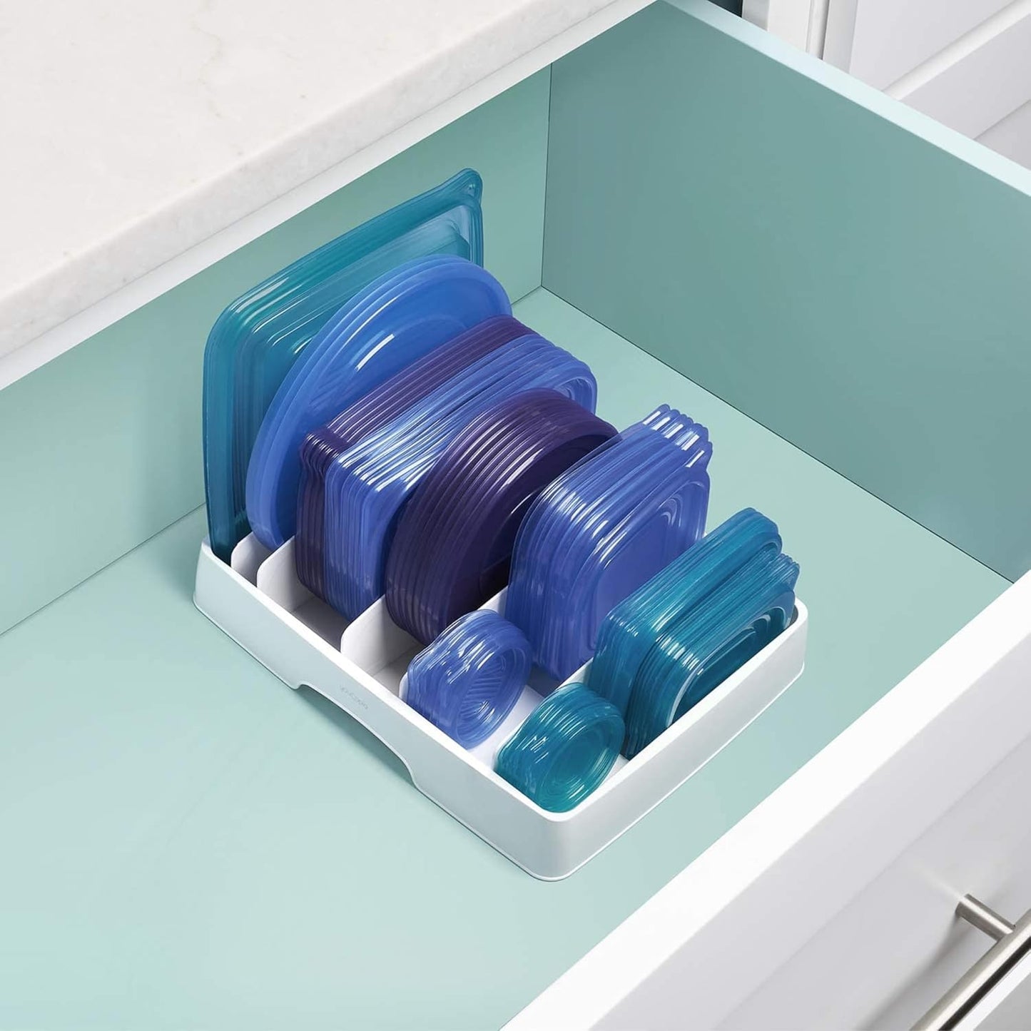 StoraLid Food Container Lid Organizer for Kitchen Cabinet Storage with 5 Adjustable Dividers, 10.5''D × 13.4''W × 3.3''H, Large Classic Edition, White