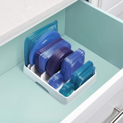 StoraLid Food Container Lid Organizer for Kitchen Cabinet Storage with 5 Adjustable Dividers, 10.5''D × 13.4''W × 3.3''H, Large Classic Edition, White