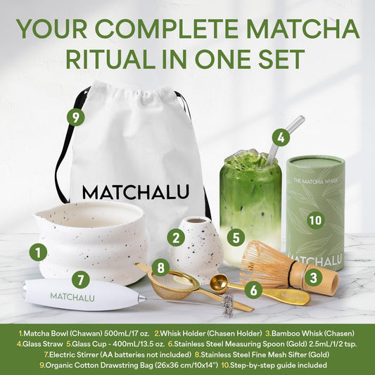 Matcha Whisk Set With Ceramic Matcha Bowl, Bamboo Whisk & Holder, Stainless Steel Spoon & Sifter, Glass Cup & Straw, Electric Frother, Storage Bag - Gift for Matcha Lovers (Premium 9-Piece Set White)