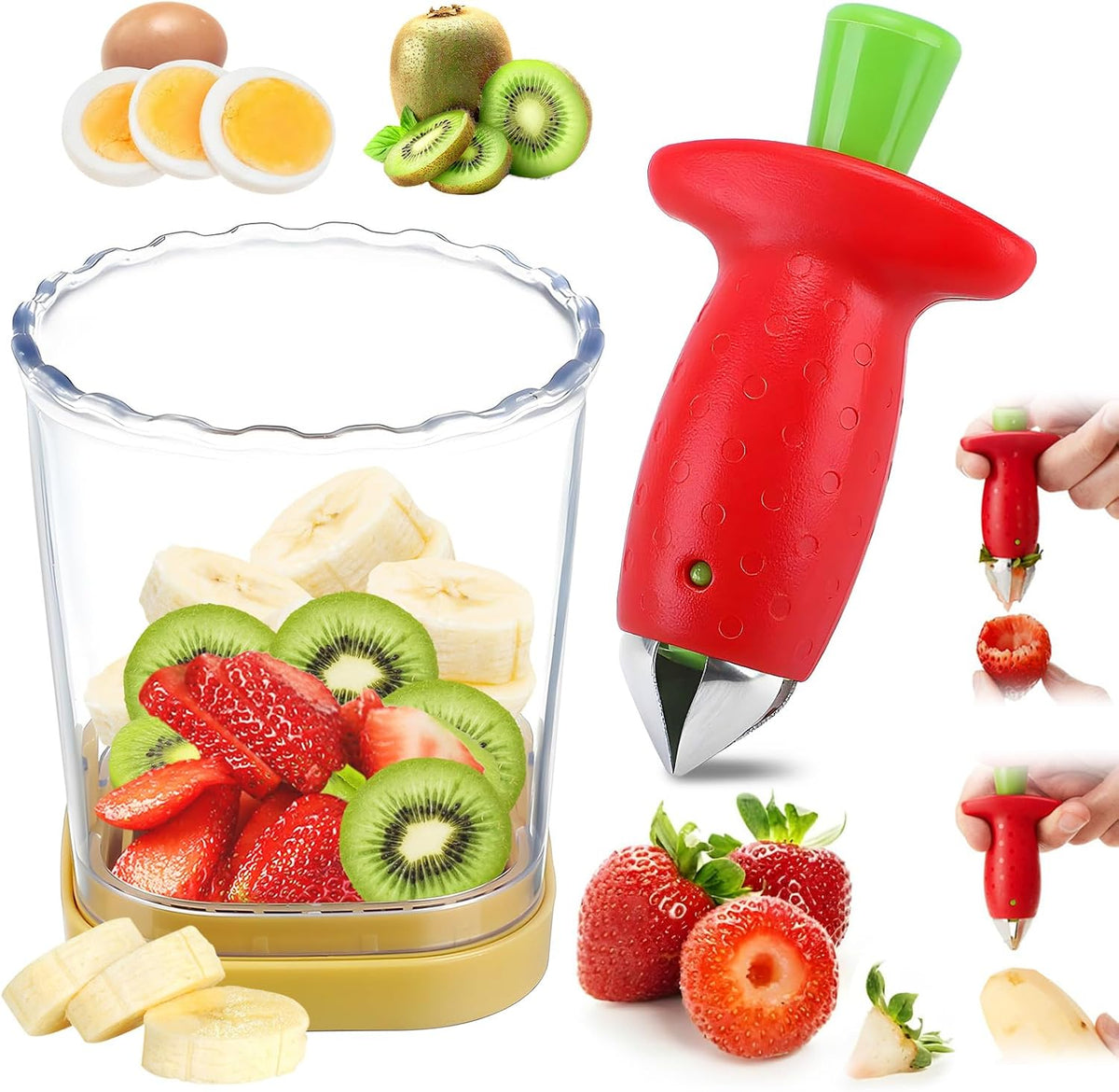 2-in-1 Strawberry Huller with Strawberry Slicer Set，StrawberryCutter，StrawberryCorer Tool，2 Pack (Color-B)