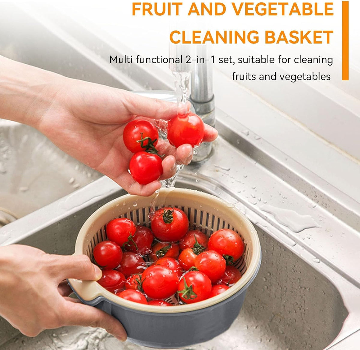 Kitchen Strainer Colander Bowl Sets, 2-in-1 Washing Bowl and Strainer Double-Layer Plastic Fruits Vegetable Washing Basket for Cleaning Washing Mixing(L-Round)