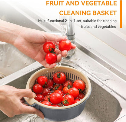 Kitchen Strainer Colander Bowl Sets, 2-in-1 Washing Bowl and Strainer Double-Layer Plastic Fruits Vegetable Washing Basket for Cleaning Washing Mixing(L-Round)