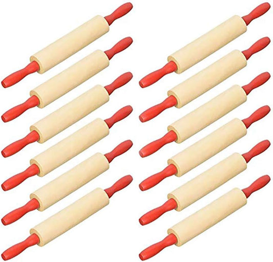 Mini Wood Rolling 7.5 Inch 12-Pack Rolling Pin for Play Dough For Little Bakers, With Red Handles Arts and Crafts Clay Roller, 7.5" (Pack of 12)