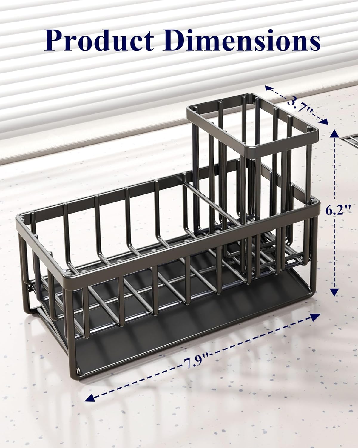 Sponge Holder for Kitchen Sink, 7.9"x3.7"x6.2", Black | Kitchen Sink Caddy, Home Decor Accessories, Stainless Steel, High Brush Holder