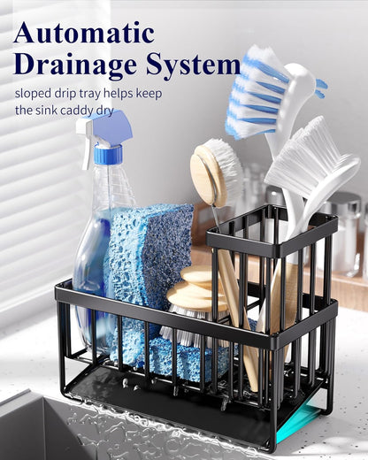 Sponge Holder for Kitchen Sink, 7.9"x3.7"x6.2", Black | Kitchen Sink Caddy, Home Decor Accessories, Stainless Steel, High Brush Holder