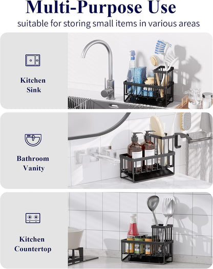 Sponge Holder for Kitchen Sink, 7.9"x3.7"x6.2", Black | Kitchen Sink Caddy, Home Decor Accessories, Stainless Steel, High Brush Holder
