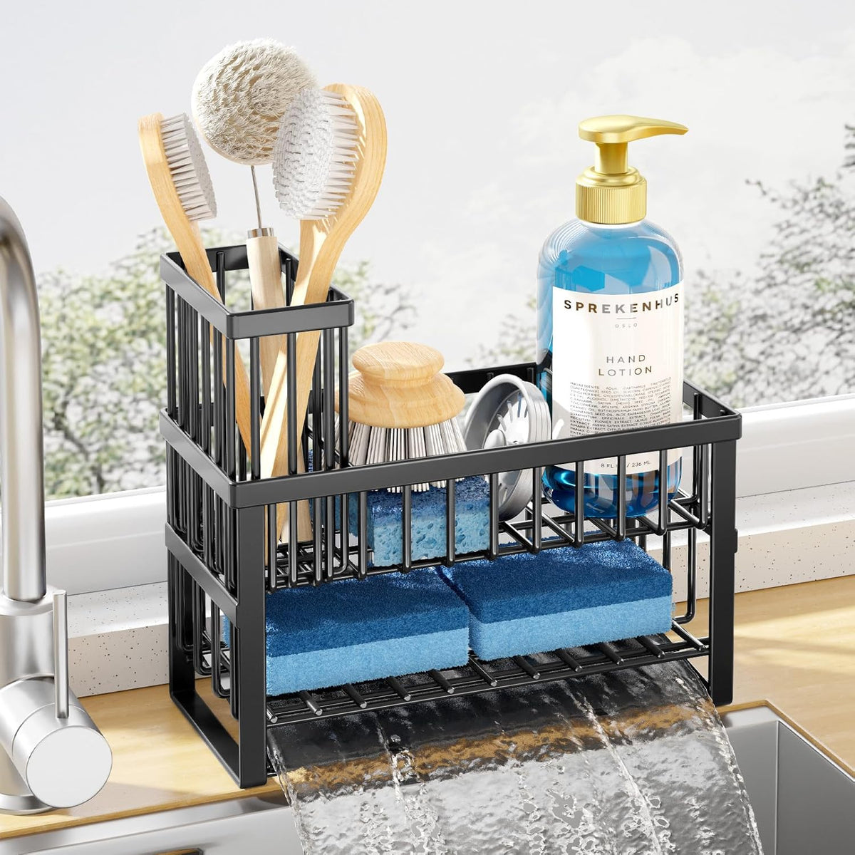 Sponge Holder for Kitchen Sink, 7.9"x3.7"x6.2", Black | Kitchen Sink Caddy, Home Decor Accessories, Stainless Steel, High Brush Holder