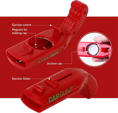 bottle cap shooting gun - Fun bottle opener tool launches bottle caps for parties, barbecues, and bar games (color)