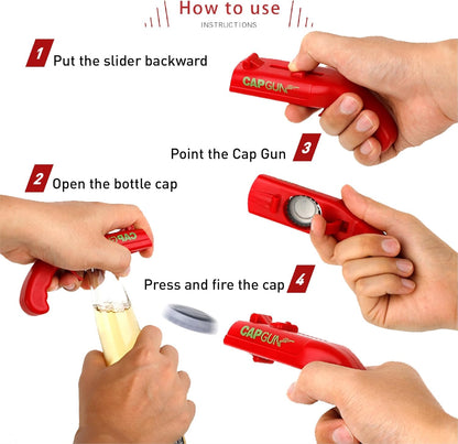 bottle cap shooting gun - Fun bottle opener tool launches bottle caps for parties, barbecues, and bar games (color)