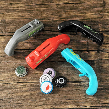 bottle cap shooting gun - Fun bottle opener tool launches bottle caps for parties, barbecues, and bar games (color)