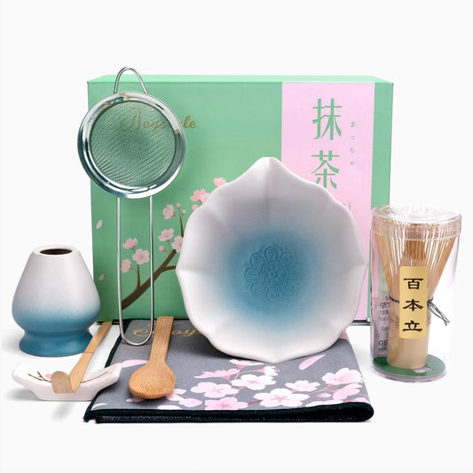 Joyscale Matcha Whisk Set, Matcha Set Whisk And Bowl, 8 Pcs Matcha Kit Set(Lotus Design), 11 OZ, Japanese Matcha Tea Set, Matcha Making Kit Gifts for Tea Lovers(Gradient Blue)