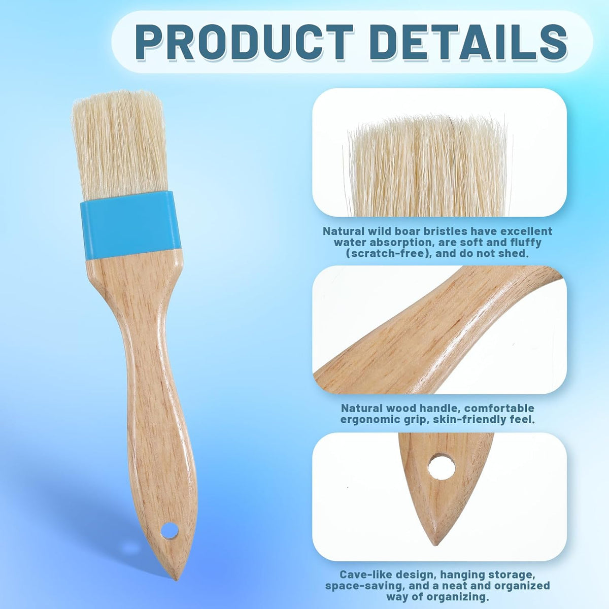 2 PCS 1.5 Inch Natural Bristle Pastry Brush, Pastry Basting Brush Heat Resistant Wooden Handle Butter Brush, Basting Brush for Cooking, BBQ, Baking, Egg Wash, Oil, Blue