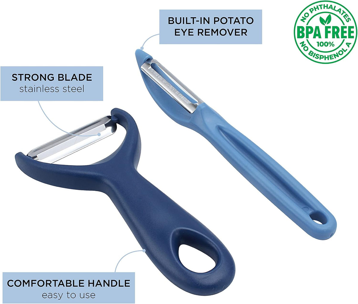 Social Chef 2-Piece Vegetable Peeler Set- Set of 2 Stainless Steel Blade Vegetable Peelers Set - Y Peeler and Swivel Peeler for Peeling Potatoes, Vegetables and Fruits (Navy)