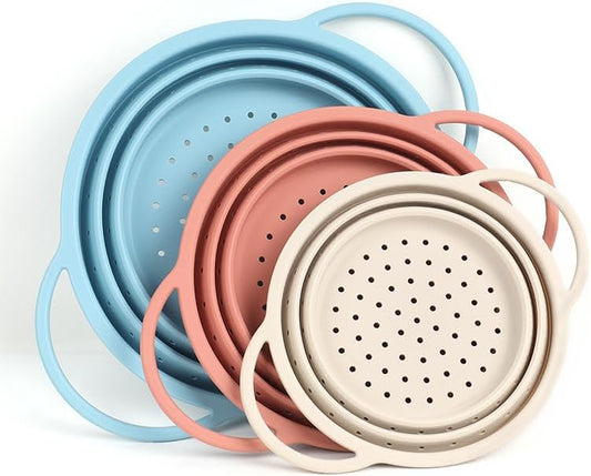SelectShen™ Collapsible Silicone Colander Set, Stainless Steel Rim (3 Pk) | Heat-resistant, dishwasher-safe platinum silicone strainers. Sturdy stainless steel rim. BPA-free, space-saving, set of 3