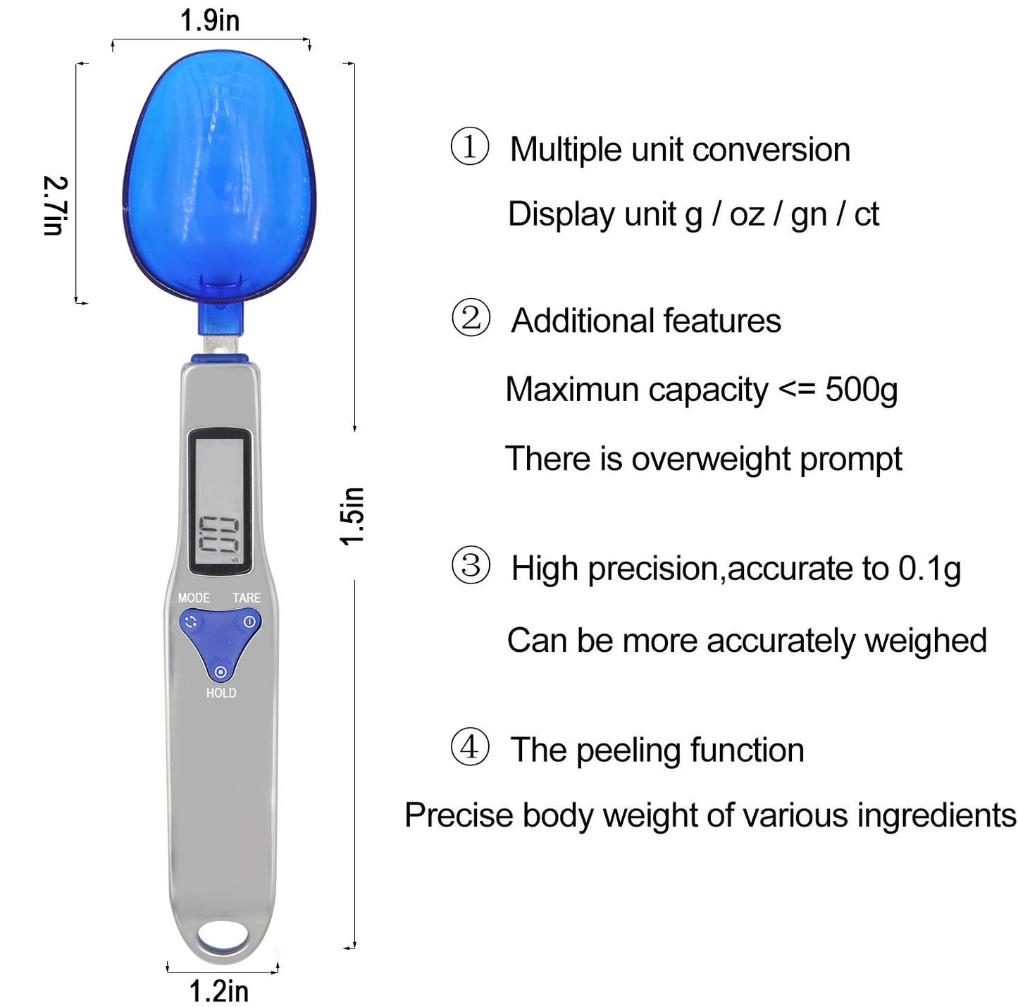 Grams Digital Kitchen Measuring Spoon,Three Different Specifications Food Scale Spoon with Scale Design, Weight from 0.1 Grams to 500 Grams Support Unit g/oz/gn/ct (with 2 AAA Batteries)